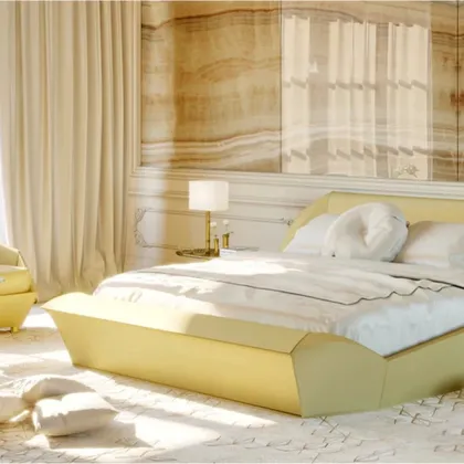 Contemporary Gold Leather Upholstered Bed Lotus, luxury interior furniture