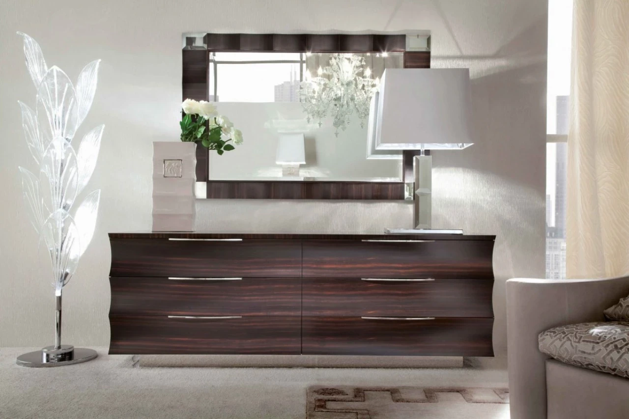 Dark veneered chest of drawers with chrome handles and a mirror, imported Italian furniture