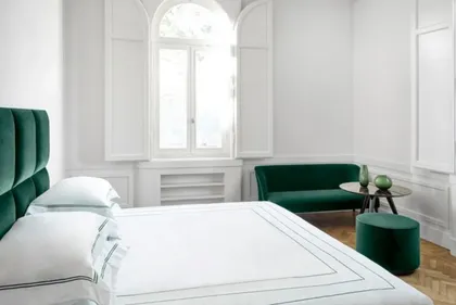 DANTE bed, PAULINE small sofa, MIKY pouf detail, designer sofa