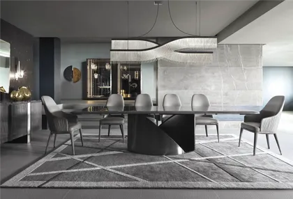 Modern Italian dining area with square shapes and glossy wood finishes for a cohesive atmosphere.